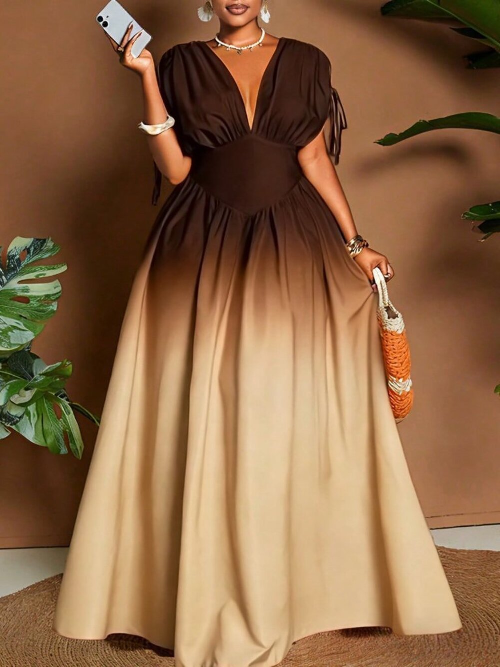Multicolor Casual Women's Ombre Tie-Front Bowknot V-Neck A-Line Maxi Dress - Picture 5 of 7